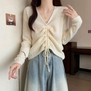 Ankela Red V-Neck Knitted Sweater Womens Autumn Fashion plus Size Bottom Shirt Irregular Drawstring Top Korean Style Loose Fit