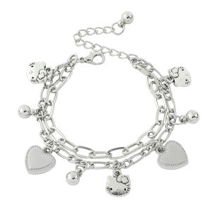 Sanrio | Silver Tone Hello Kitty Layered Chain Bracelet Zinc Alloy with Kitty & Heart Charms Adjustable Link Wristband for Girls