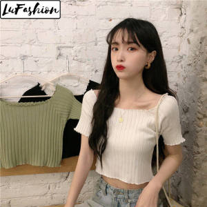 LuFashion Womens Knitted T-Shirts Summer Korean Square Neck Short Sleeve Plain Tops