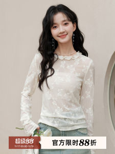 Wooden Ear Thin Lace Inner Wear T-Shirt round Neck Long Sleeve Women Spring Autumn Butterfly Knot Top Sweet Style Loose Fit