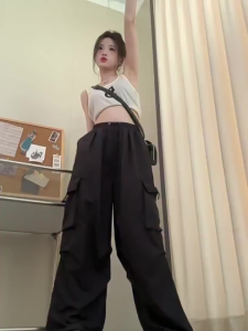 Celana Cargo Wanita Haighwaist Loose Pants - Celana Cargo Serut Korean style Warna Hijau