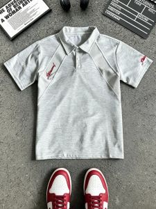 LIUBU | Embroidered Air Layer Gray and White Short Sleeve Polo T-Shirt