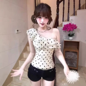 chaqi | Dotted Off-Shoulder Ruffle Small Petite Stylish Top