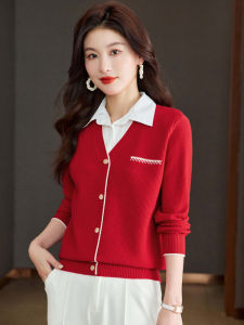 เสื้อสเวตเตอร์คอโปโลผู้หญิง สีแดง 2025 ฤดูใบไม้ผลิและฤดูใบไม้ร่วง เสื้อคลุมกันหนาวแบบสวมหัว ปกโปโล กระดุม กระเป๋า วัสดุโพลีเอสเตอร์