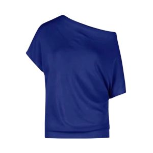 YUEZHONGWEI | Klein Blue Asymmetrical Shoulder Ice Silk Knitted Short Sleeve T-Shirt Women Summer Loose Design Sense Shoulder Exposure Top