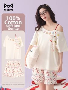 MiiOW | Cotton Womens Pajama Set Summer New Sweet Off-Shoulder Loose