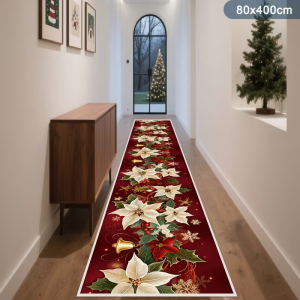 VIKAMA Merry Christmas Reindeer Runner Rug Buffalo Plaid Snowflake Anti‑Wear Corridor Floor Mat Festival Home Decor