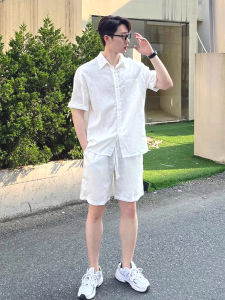 American Style Cotton Linen Short Sleeve Shirt Set Men Loose Casual Sports Five Shorts Linen Breathable Workwear Two Piece Set