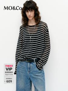 MOCO Knitted Sweater with Cashmere Bamboo Fiber Loose Shoulder Drop Lightweight Stripe Pattern Womens Premium Fashion