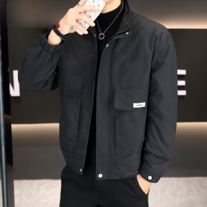 HENGYUANXIANG | Casual Stand Collar Mens Jacket Fashionable All-Match Spring Autumn Workwear Coat Antifurrow Polyester Fiber Long Sleeve Zipper Decoration