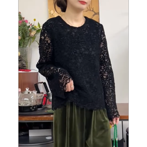 QINGNAER | Elegant Lace Hollow Out Round Neck Slimming Womens Blouse