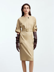 Elegant Khaki Color Design Sense Dress Waist in Commute High-End Skirt 2025 Autumn New Style Cotton Long Sleeve Maxi Dress