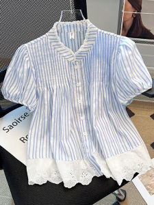 เสื้อเชิ้ตผู้หญิงแขนสั้นลายทางปักลูกไม้สไตล์เกาหลี ทรงหลวม คอกลม แขนพอง ผ้าฝ้ายผสม ฤดูร้อน 2025