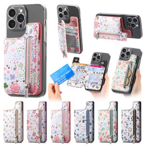 1 PC ดอกไม้ทาสีเคสโทรศัพท์ผู้ถือบัตร PU หนังสติกเกอร์ด้านหลังกระเป๋าแบบพกพากาว Universal Zipper กระเป๋าสตางค์ Deskto