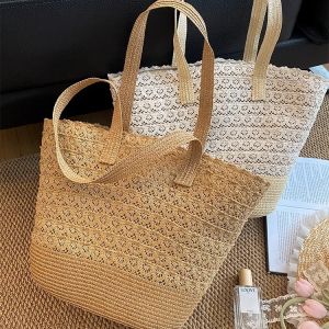Large Capacity Straw Woven Bucket Bag Womens Beach Vacation Tote Bag Korean Style Summer 2025 Daily Match Single Shoulder Bag