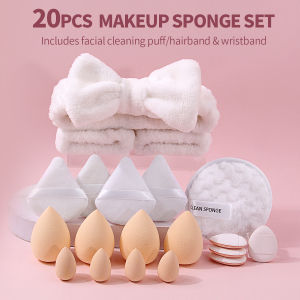 20Pcs Makeup Sponge Set With Hairband Wristband Soft Beauty Sponge Powder Puff Facial Cleaning Puff For Foundation Daily Makeup