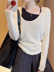 LUOFEN | Color Block Knitted Slim Fit Long Sleeve Base Shirt Women Early Spring New Style Side Shoulder Inner Wear White Top