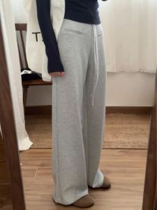 กางเกงขายาวทรงหลวมสไตล์อเมริกันสีเทาสำหรับผู้หญิง กางเกงขายาวทรงตรงขากว้างพร้อมเชือกผูกเอว กางเกงกีฬาชั้นบรรยากาศสุดเท่