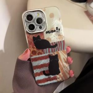 Korean Black Cat Leopard Splicing Phone Case For iPhone 11 12 13 14 15 16 Pro Max XS XR X 7 8 Plus Glitter Lens Protective Cover