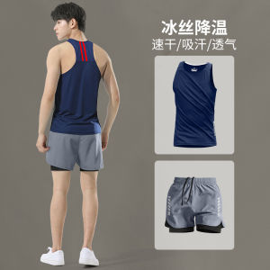 ชุดกีฬาวิ่งสำหรับผู้ชาย ชุดกีฬาฤดูร้อนแห้งเร็ว เสื้อกั๊ก ชุดฝึกซ้อมมาราธอน ชุดฟิตเนส กางเกงขาสั้น บาสเก็ตบอล