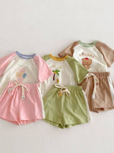 Cute Cartoon Bear Childrens Outfit Baby Girl Summer Fashionable Two-Piece Set Korean Style Thin Cotton Polyester Blend