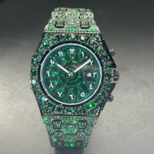 MISSFOX Hip Hop Wristwatch For Men Luxury lce Out Full Diamond Watches Fashion Green Watch Wterproof Week Display Clock 2025