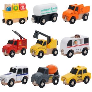 NEW Wooden Magnetic Train Car Locomotive Ambulance Fire Truck Wood Railway Accessories fit for Wooden Tracks Toy