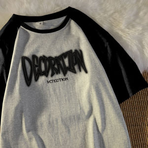 Pure Cotton Short Sleeve T-Shirt Mens American Style Trendy Color Block Shoulder Insert Loose Fit Summer New Arrival Casual Top