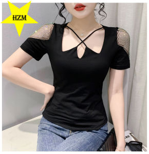 HZM 2023 spring and summer new V-neck double shoulder drill solid color fashion top original design personality short sleeve womens T-shirt