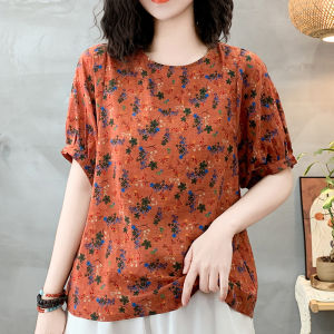 Summer Cotton Linen Short Sleeve T-Shirt New Style Middle-Aged Womens Printed Top Loose Fit round Neck Plant Floral Pattern