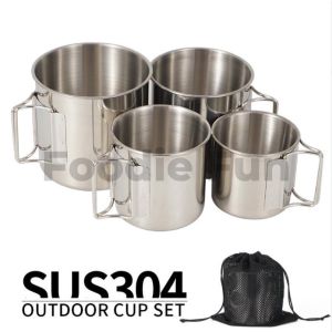 4 pcs Camping Cup Mug Set 304 Stainless Steel Stackable Portable Cups with Foldable Handles & Storage Bag Hiking Picnic