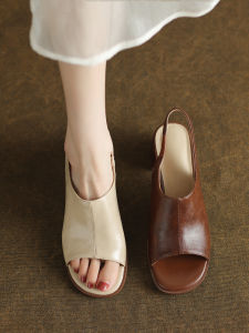 French Vintage round Toe Open Toe Thick Heel Sandals Womens Comfortable High Heels 5cm Roman Style Casual Summer Shoes