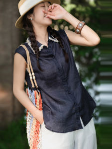 XIAOER | Premium Quality Ramie Sleeveless Shirt with Crushed Shell Collar and Side Slit