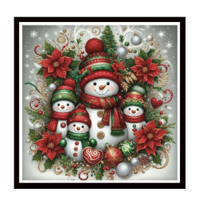 A Snowman and Christmas Flower Cross-Stitch Kit DIY Christmas Element Pattern Printing Embroider for Living Room Holiday Decoration and Gifts