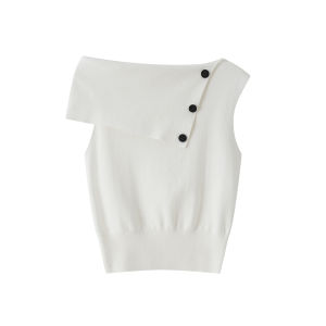 White Knitted One-Shoulder T-Shirt Womens Korean Design Sensation Shoulder Exposure Top Soft Comfortable Short Sleeve Pure Color