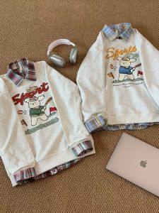 Bộ Đồ Hai Mảnh Quần Áo Trẻ Em PUPPY Baseball Dog Plaid Sweatshirt Polo Cổ Điển Phong Cách Nhật Bản Rộng Rãi Thoải Mái Thường Ngày