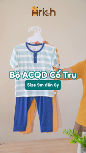 Bộ áo cộc quần dài vải sợi tre cổ trụ thương hiệu Arich cho bé trai bé gái từ 9 tháng đến 6 tuổi