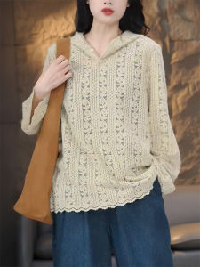 QINGNAER | Slimming Large Size Hooded Long Sleeve Lace and Hollow Out Womens Blouse for Fall 2025