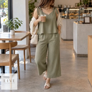 LINEN TIE-SHOULDER WIDE-LEG COORDINATES SET FOR WOMEN – CASUAL 2-PIECE OUTFIT RELAXED FIT LIGHTWEIGHT & BREATHABLE TOP + WIDE-LEG PANTS EVERYDAY & TRAVEL WEAR