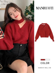 Red Knitted Sweater V-Neck Long Sleeve Winter Fashion Womens Base Layer Top Neck Hanging Style Ideal for New Year Visit