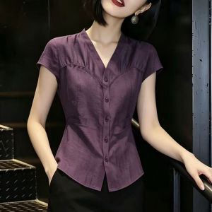 DAIXIANGFEIZI | Áo Sơ Mi Tay Ngắn V-Neck Dây Nịt eo Mùa Hè Thời Trang