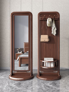 Full-Length Dressing Mirror Solid Wood Floor-standing Rotatable Clothes Hanger Integrated Coat Stand Home Furniture