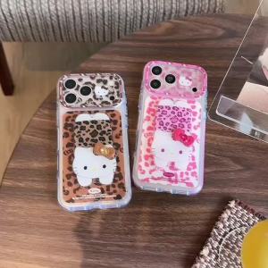 Sanrio | Fashion Sweet Leopard Print 3D Bow Hello Kitty Cat Cartoon Bracket Case For iphone 17 16 15 Pro Max Lens Protective Phone Cover