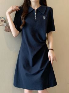 Shoulder Polo Collar Short Sleeve T-shirt Skirt Womens Summer Plus Size Plus Size Ladies Slimming Belly-Covering Fancy Casual Dress