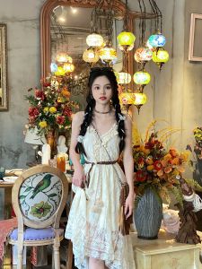 Bohemian Vintage Lace Trim Hollow out Strap Long Dress Elegant Travel Summer A-Line Dress Sweet Style High Waist Gown