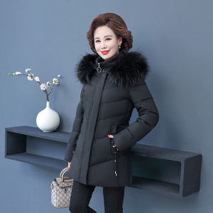 Thickened down Cotton Jacket Coat for Women with Fur Collar Mid-Length Fashionable Winter Outerwear for Middle-Aged And Elderly