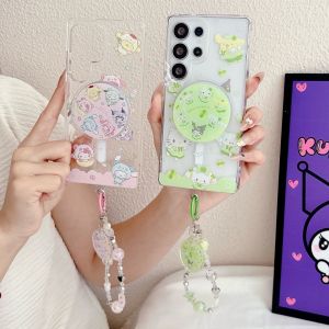 Sanrio | Lucky Four-Leaf Clover Sanrio Magnetic Stand Phone Case For Samsung S26Ultra S25 S24 S23 Plus For Magsafe Clear Cover With Chain