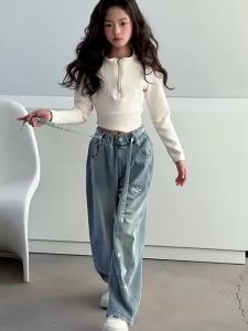 New Kids Girls Denim Pants With Belt 5-16Yrs Loose Baggy Jeans Wide Leg Maong Pants Straight Leg Cut Jeans Casual Trousers Soft Elastic Waist Printed Jeans Fashion Korean Style