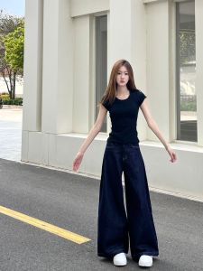 American Style Dark Blue Wide Leg Denim Womens Summer New Arrival High Waist Loose and Slimming Drooping Straight Mop Pants
