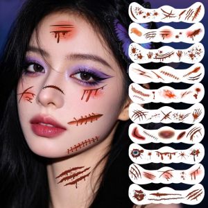 10Sheets New Halloween Temporary Tattoos Realistic Long-Lasting Waterproof Scar Party Pranks Knife Scars Gory and Scary Face Stickers